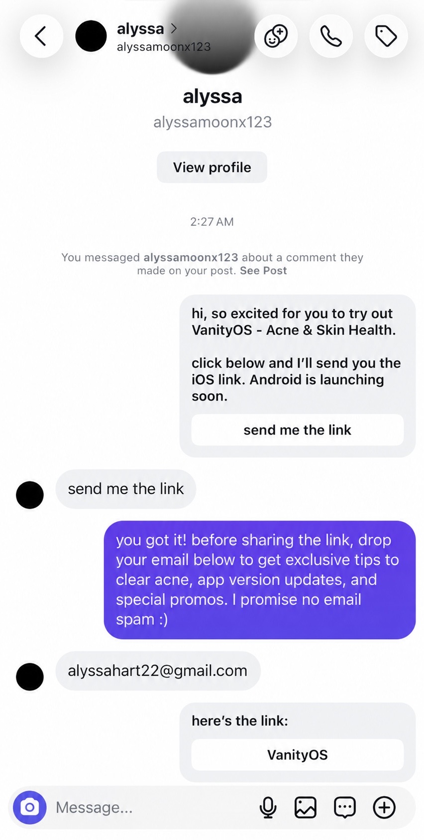 Instagram automation responding to a post comment and delivering an app link