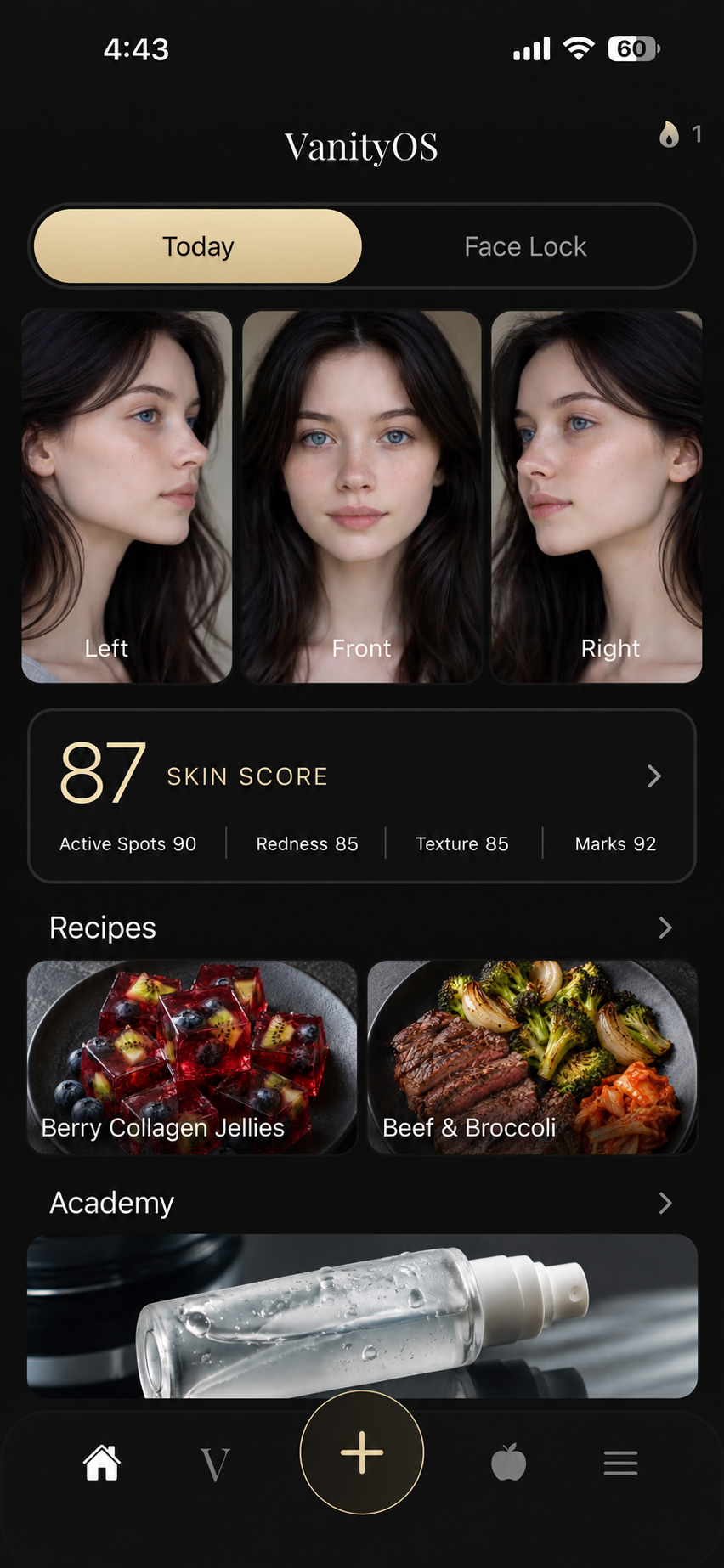 VanityOS app screen with its original compact skin-score card, recipes and daily check-in